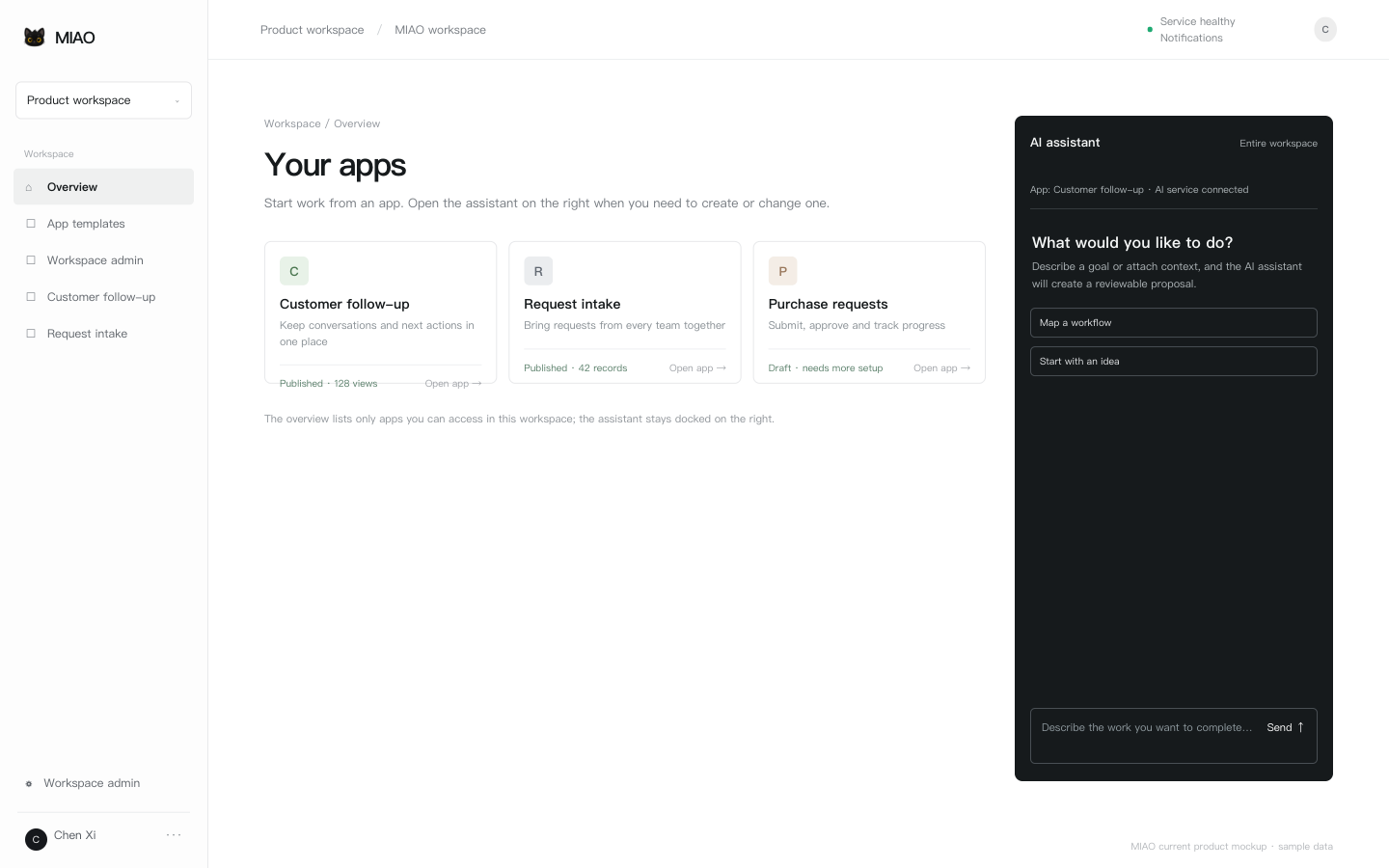 MIAO workspace with app navigation, published apps, and the AI assistant