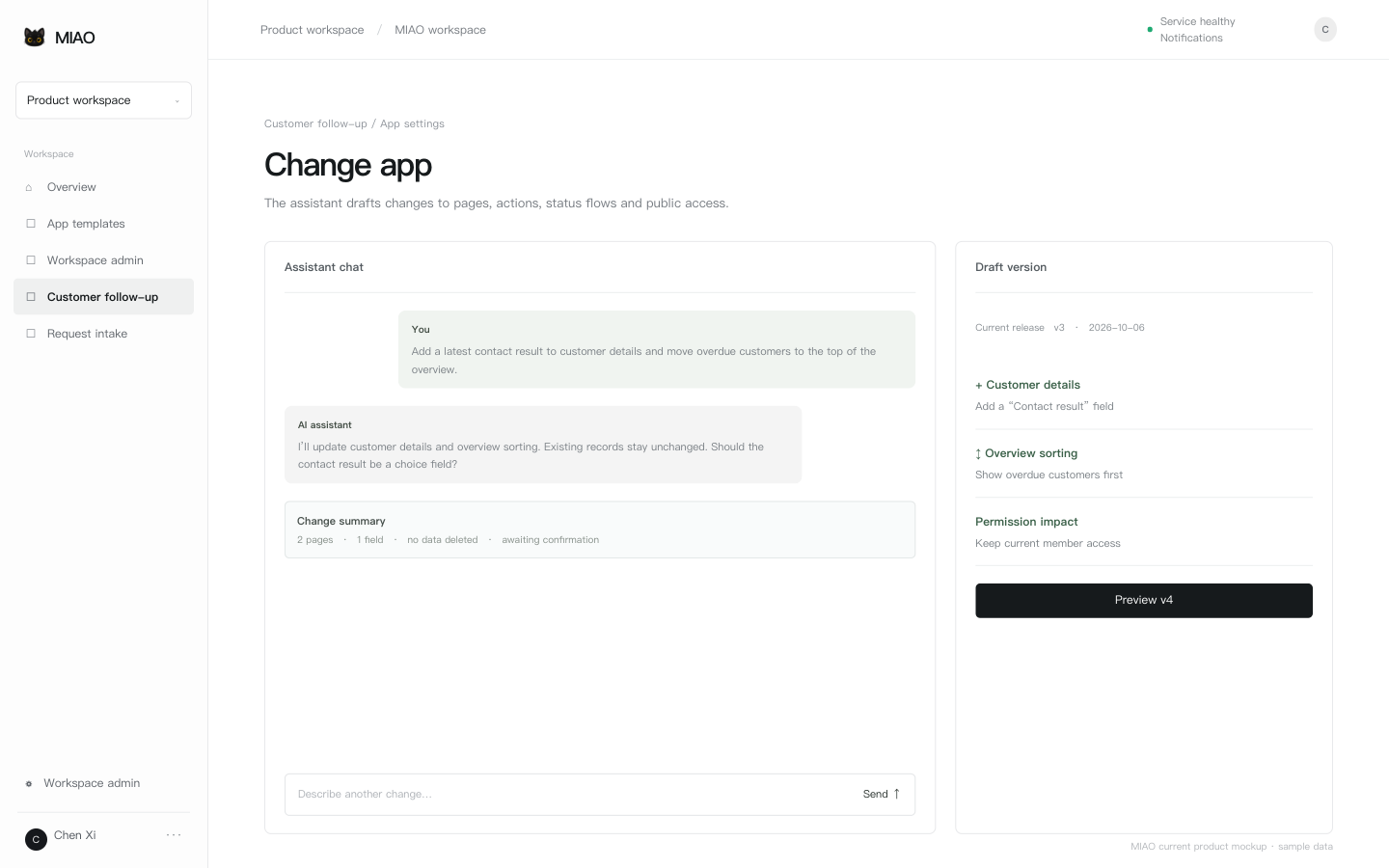 Change an app: chat, draft version and change summary