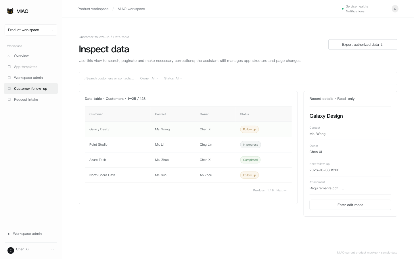 Data inspection: table, record details and authorized export