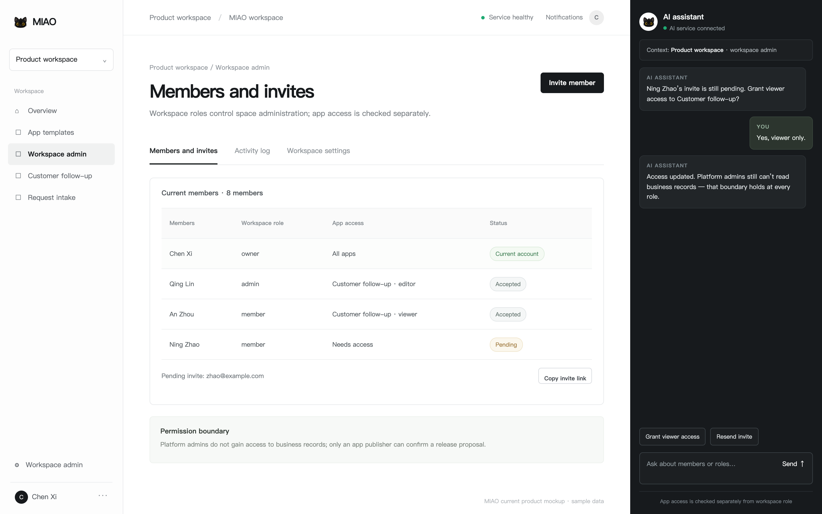 Members and permissions: workspace members, invites and app access