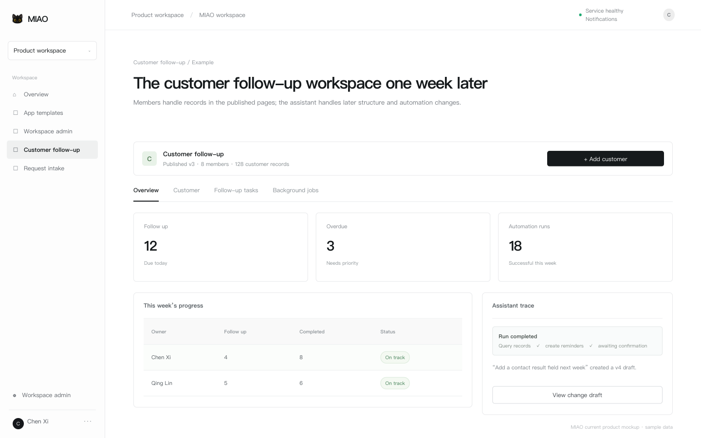 Worked example: customer follow-up workspace, automation and assistant draft